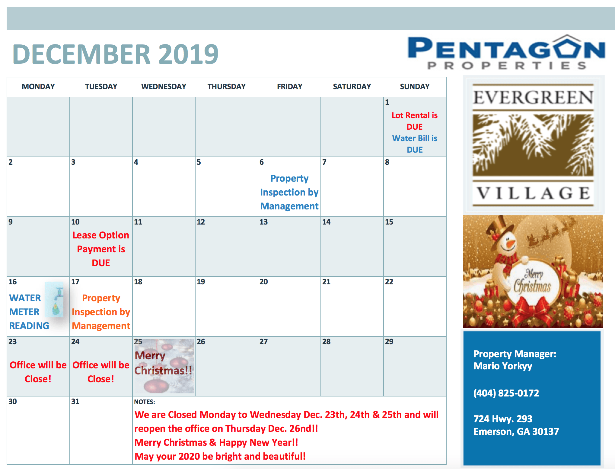 Evergreen Village Calendar Pentagon Homes